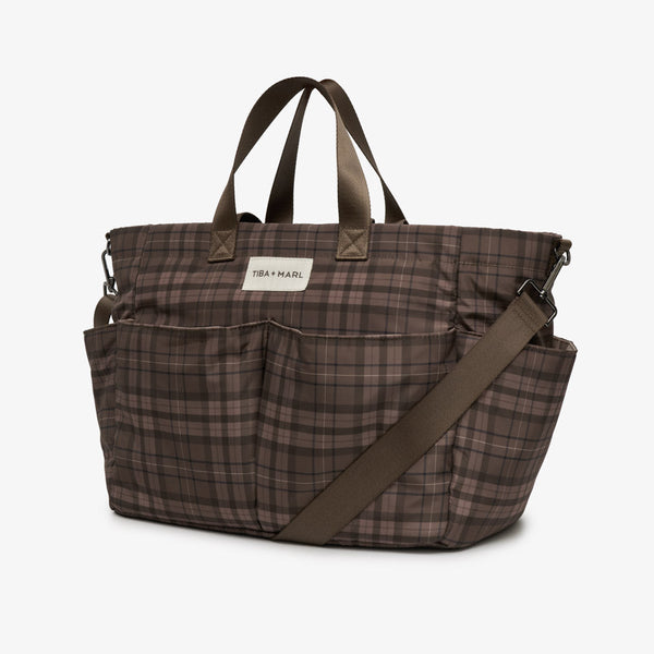 T+M Pocket Changing Bag Tote (Brown Tonal Tartan Print)
