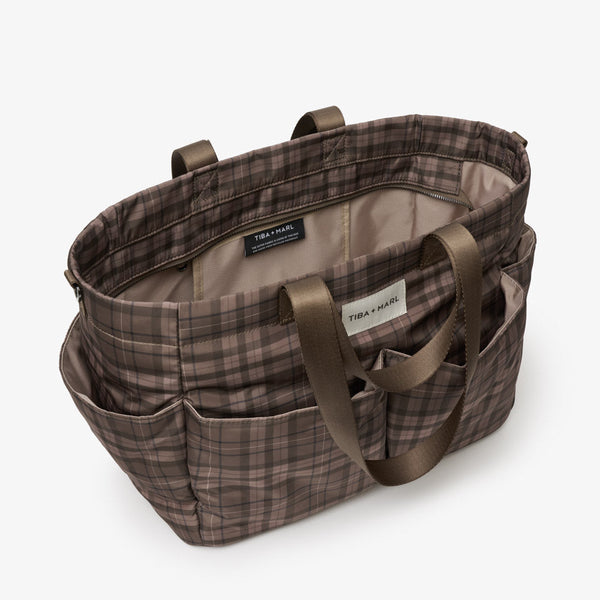 T+M Pocket Changing Bag Tote (Brown Tonal Tartan Print)
