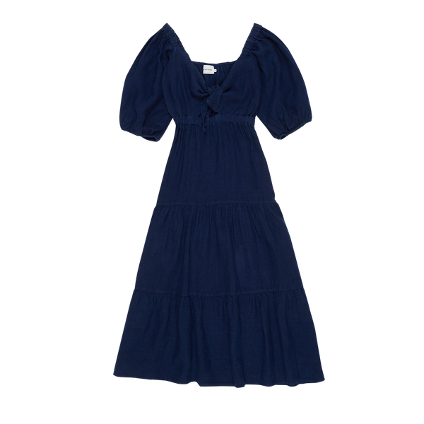 MAMA Vermont Tie-Front Cut Out Linen Dress (Midnight)