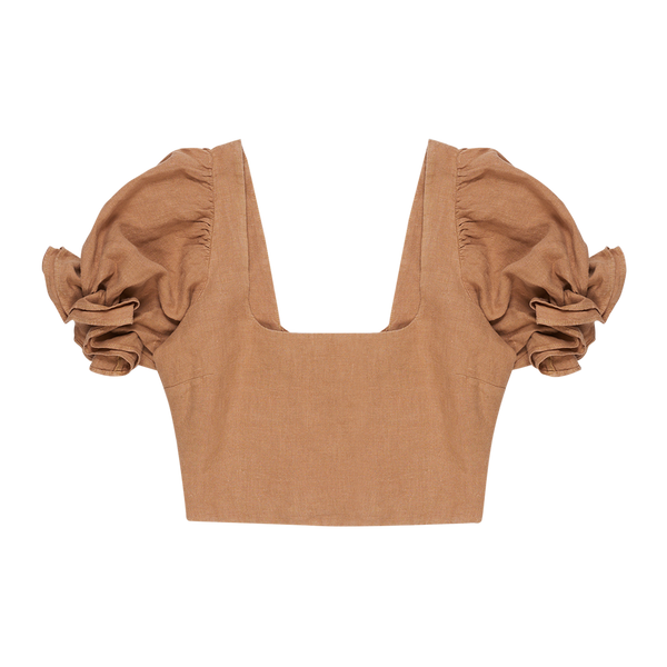 MAMA Long Beach Puff Sleeve Cropped Linen Blouse