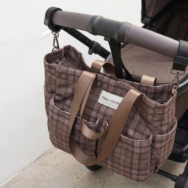T+M Pocket Changing Bag Tote (Brown Tonal Tartan Print)