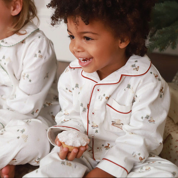 Red Trim Ski Scene Organic Cotton Flannel Button Up Pyjamas