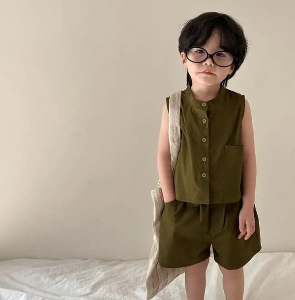 Rei Button Up Vest Top and Shorts Set (Olive)