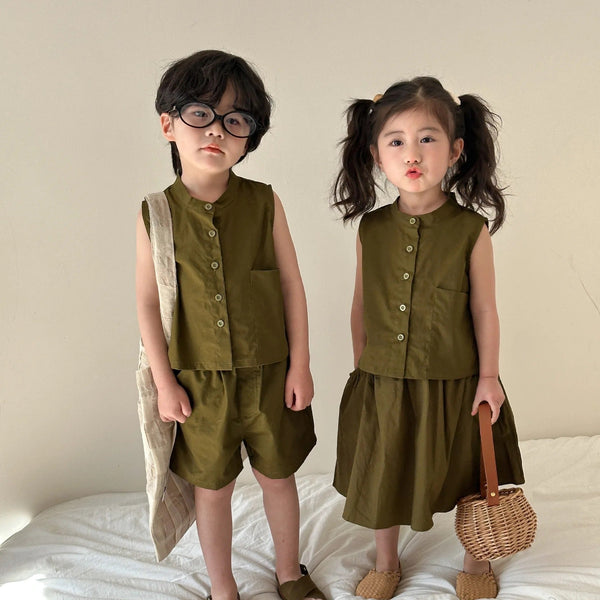 Reía Button Up Vest Top and Skirt Set (Olive)