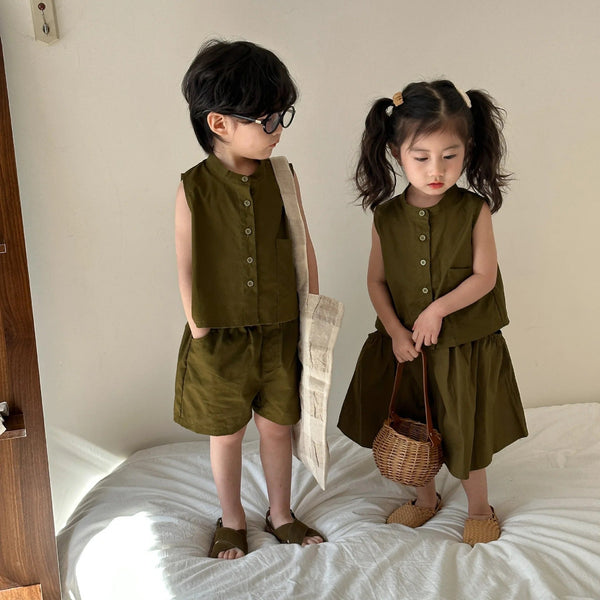 Reía Button Up Vest Top and Skirt Set (Olive)