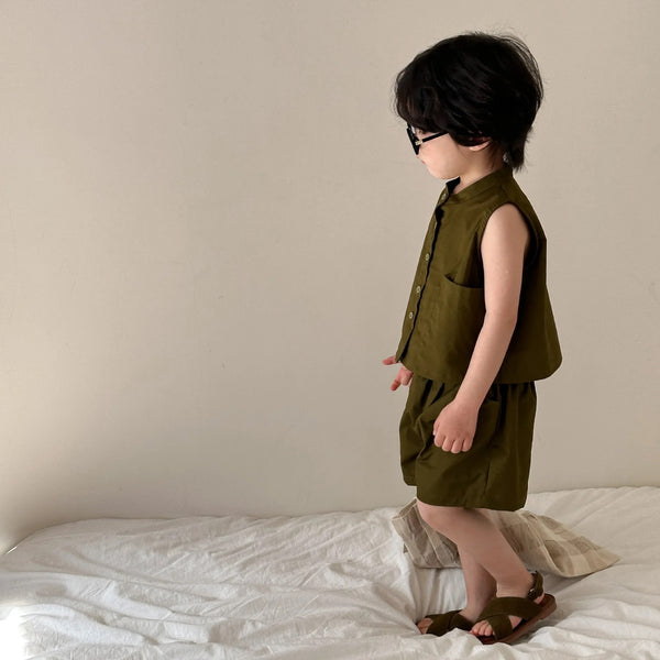 Rei Button Up Vest Top and Shorts Set (Olive)