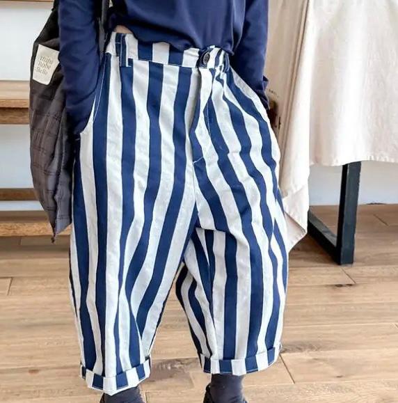 Soren Striped Wide Leg Cropped Cotton Trousers (Blue)