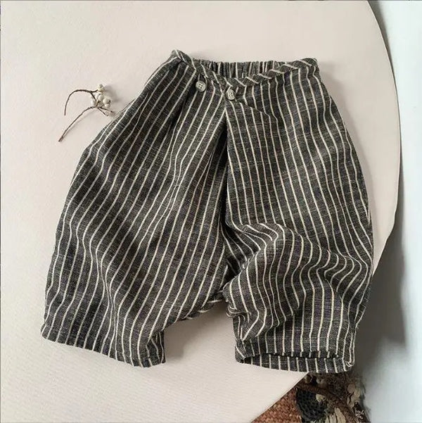 Pinstripe Overlap Cropped Cotton Trousers (Charcoal)