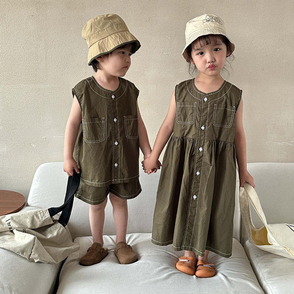 Contrast Stitch Button Up Vest Top and Shorts Set (Olive)