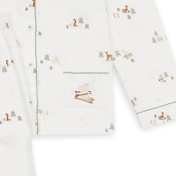 Green Trim Ski Scene Organic Cotton Flannel Button Up Pyjamas