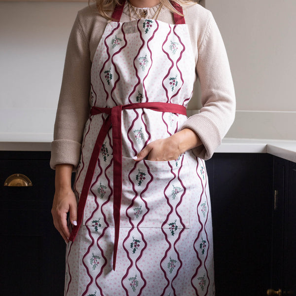 Organic Cotton Kitchen Apron with Pocket (Berry Ribbons)