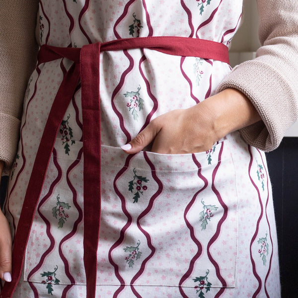 Organic Cotton Kitchen Apron with Pocket (Berry Ribbons)