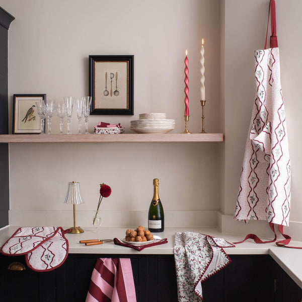 Organic Cotton Kitchen Apron with Pocket (Berry Ribbons)
