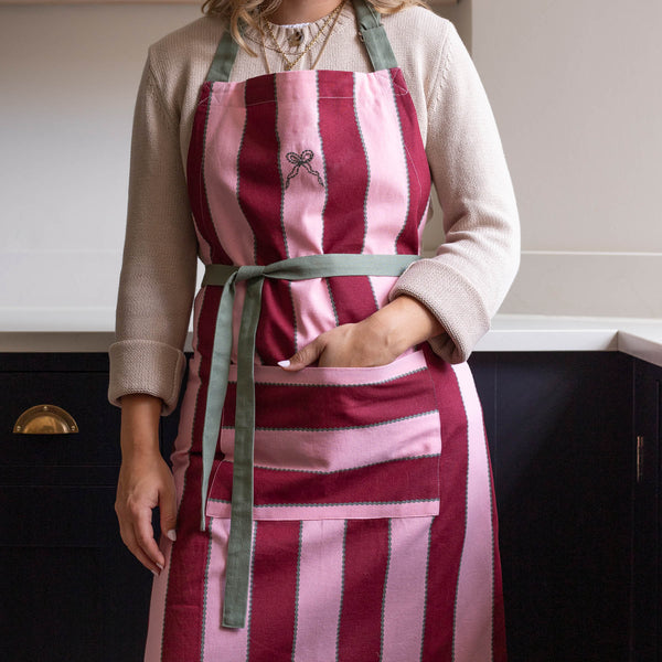 Organic Cotton Kitchen Apron with Pocket (Bold Stripe Burgundy)