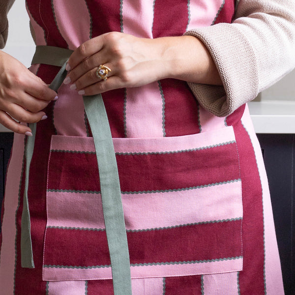 Organic Cotton Kitchen Apron with Pocket (Bold Stripe Burgundy)