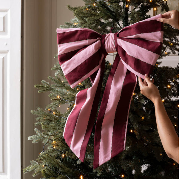 Christmas Bold Stripe Hanging Bow (Burgundy/Pink)