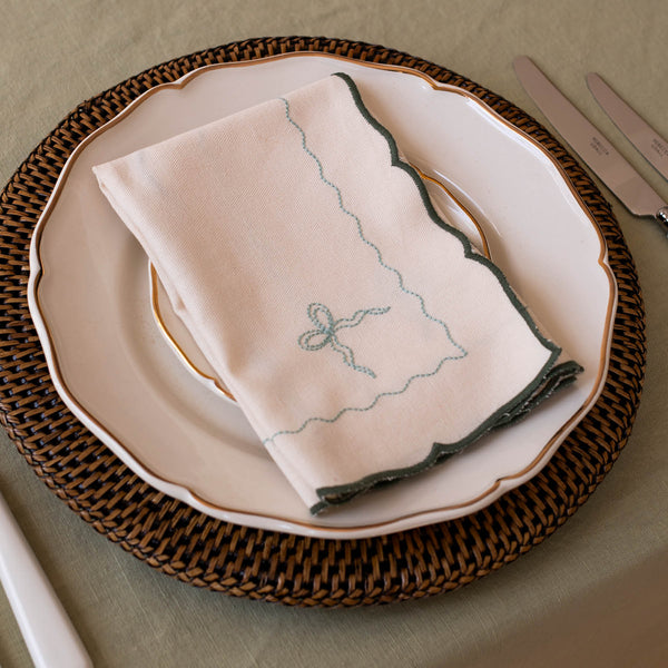 Organic Cotton Embroidered Bow Napkins, Set of 2 (Dark Green)