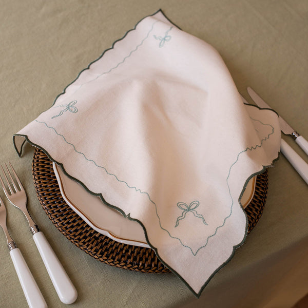 Organic Cotton Embroidered Bow Napkins, Set of 2 (Dark Green)