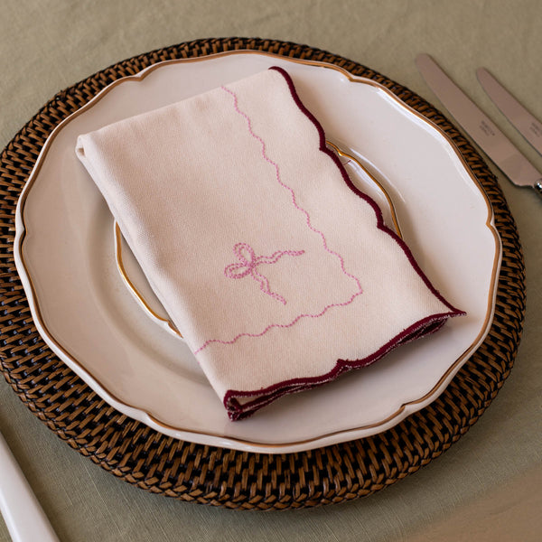 Organic Cotton Embroidered Bow Napkins, Set of 2 (Burgundy)
