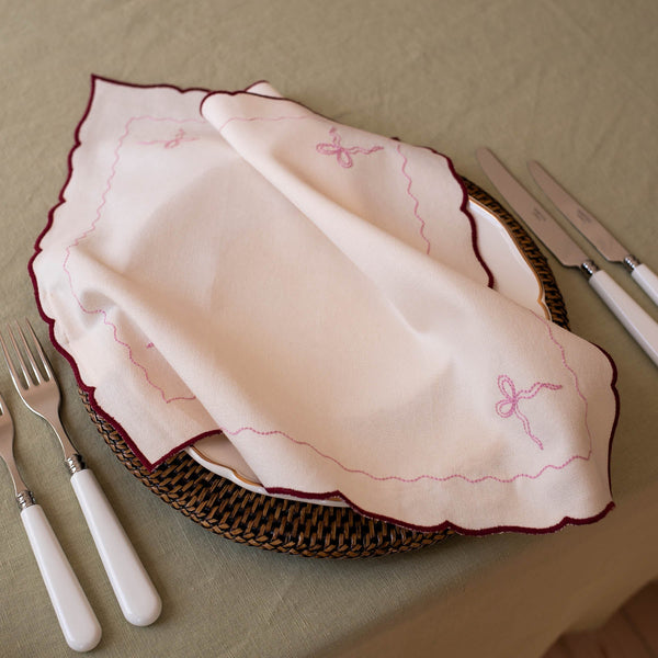 Organic Cotton Embroidered Bow Napkins, Set of 2 (Burgundy)