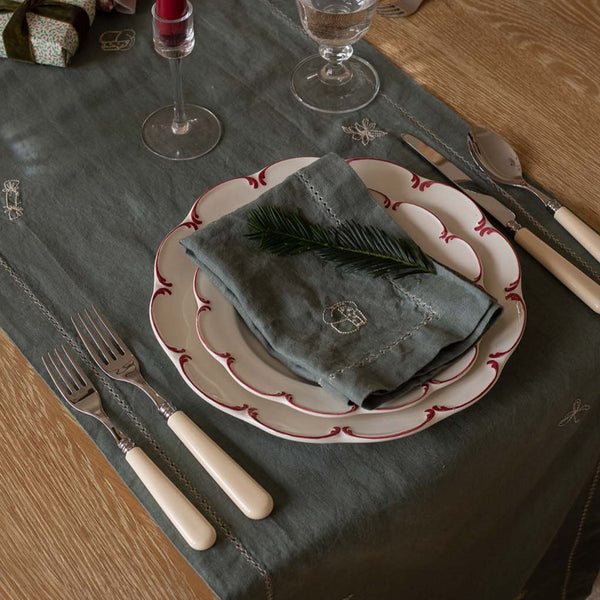 Embroidered Linen Napkins, Set of 2 (Pine Green)