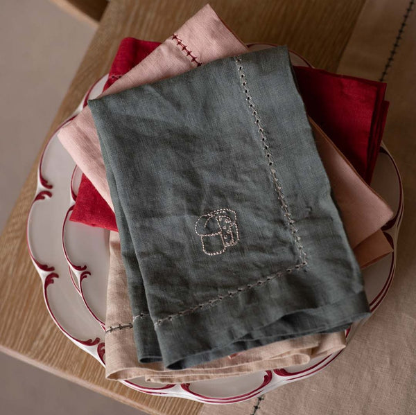 Embroidered Linen Napkins, Set of 2 (Pine Green)