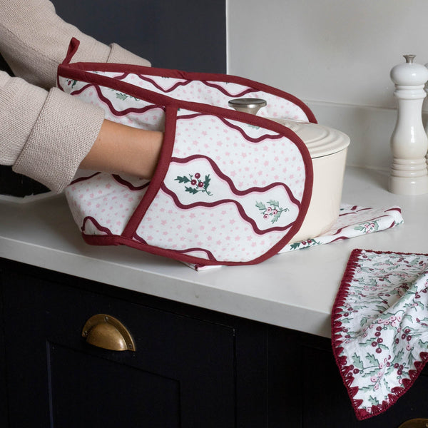 Organic Cotton Double Oven Glove (Berry Ribbons)