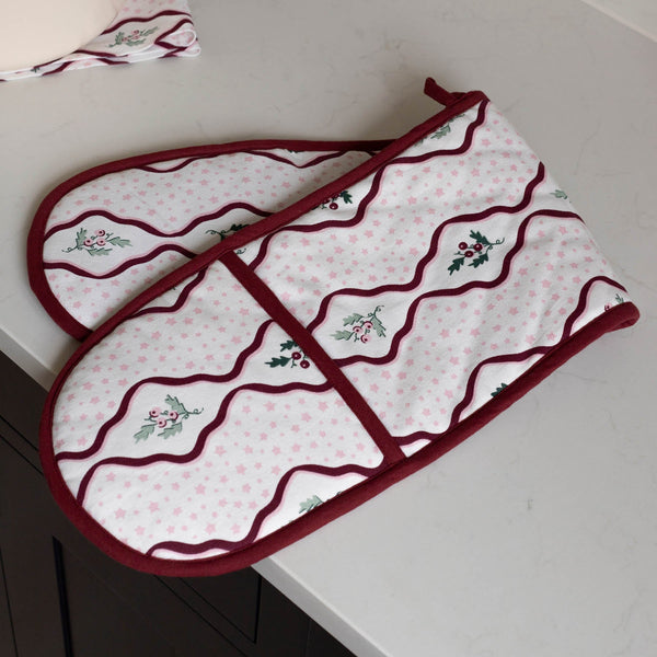 Organic Cotton Double Oven Glove (Berry Ribbons)