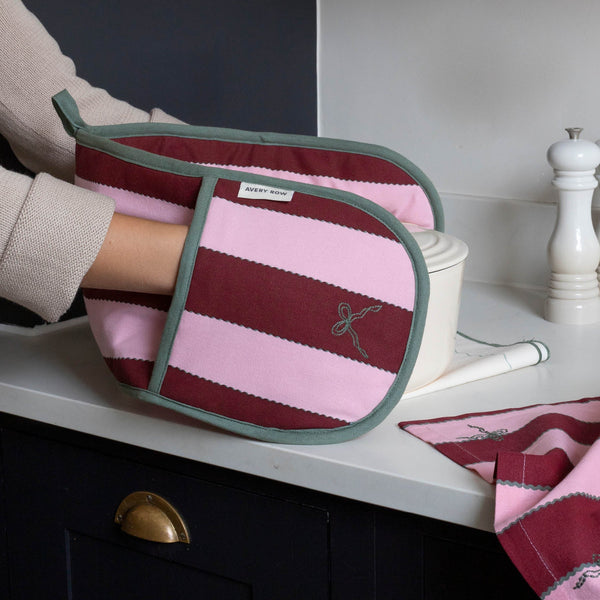 Organic Cotton Double Oven Glove (Bold Stripe Burgundy)