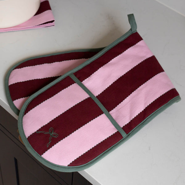 Organic Cotton Double Oven Glove (Bold Stripe Burgundy)