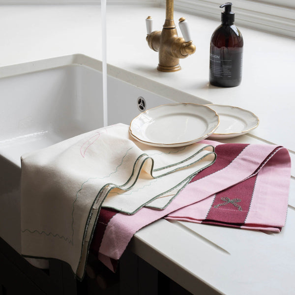Organic Cotton Set of 2 Tea Towels (Bold Stripe Burgundy)