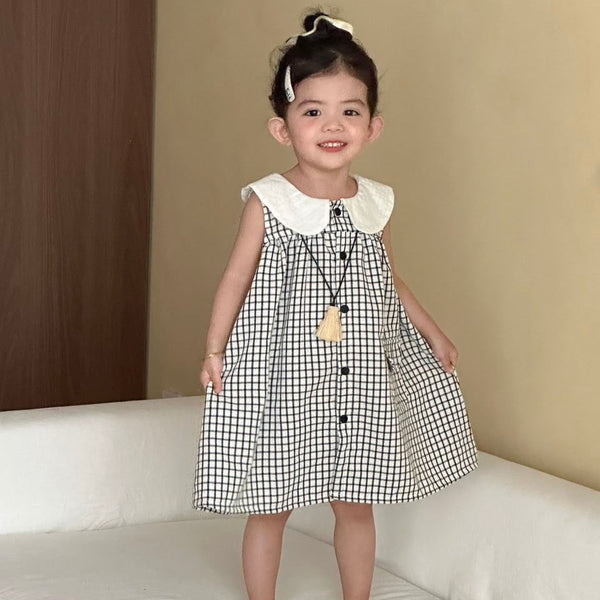 Mono Checked Trapeze Collared Dress