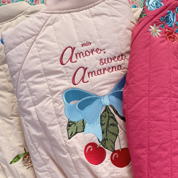 Juno Cherry Print Quilted Bomber Jacket (Cameo Rose)