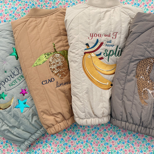 Juno Banana Print Quilted Bomber Jacket (Travertine)