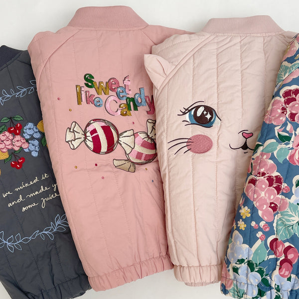 Juno Kitty Print Quilted Bomber Jacket (Cameo Rose)