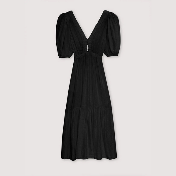 MAMA Hera Linen Tiered Midi Dress (Caviar)