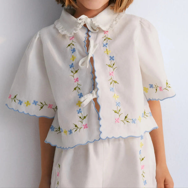 Hermione Embroidered Floral Tie Cotton Blouse