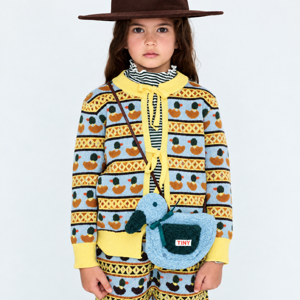 Duck Print Tie-Up Wool Blend Knitted Cardigan