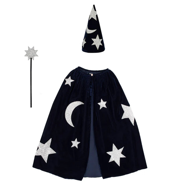 Blue Velvet Wizard Cape, Hat and Wand Costume Set