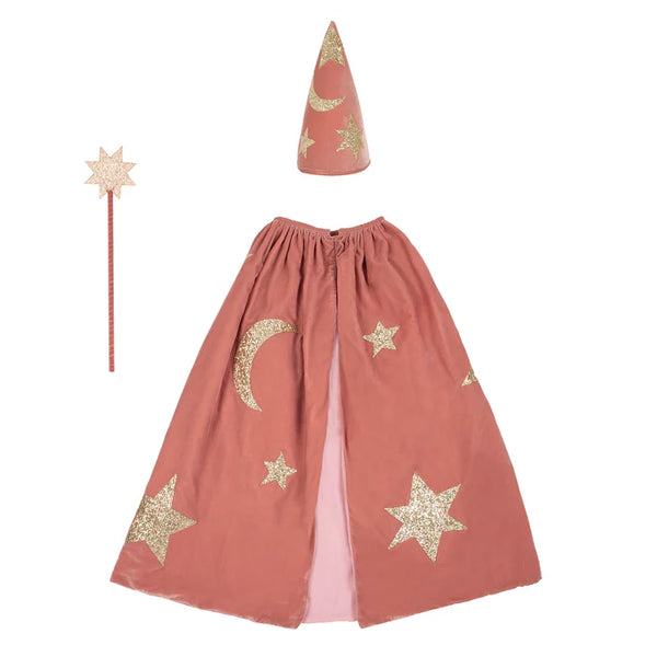 Pink Velvet Wizard Cape, Hat and Wand Costume Set
