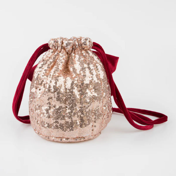 Dusty Pink Sequin Velvet Bow Drawstring Bag Meri Meri Ando