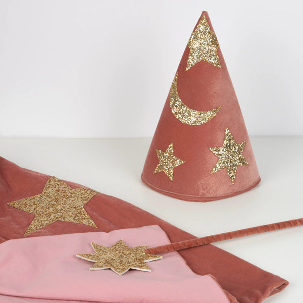 Pink Velvet Wizard Cape, Hat and Wand Costume Set