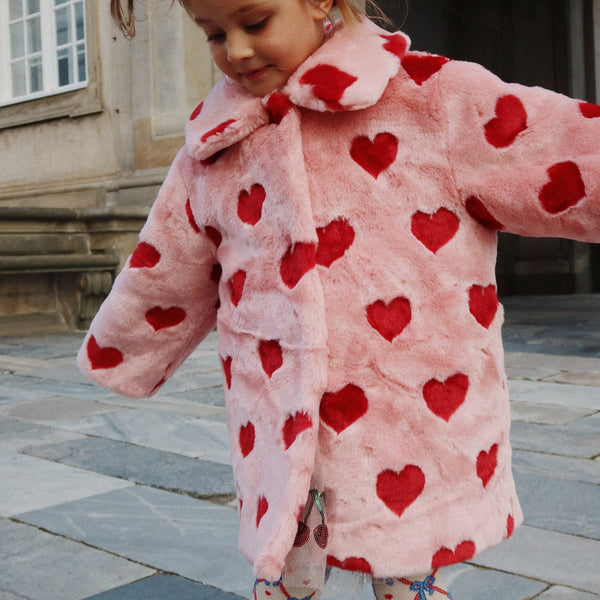 Fuzzie Faux Fur Heart Print Collared Coat