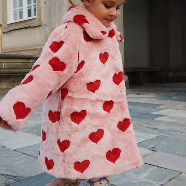 Fuzzie Faux Fur Heart Print Collared Coat