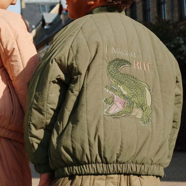 Juno Crocodile Embroidered Quilted Bomber Jacket (Olive)