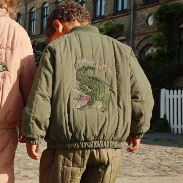 Juno Crocodile Embroidered Quilted Bomber Jacket (Olive)