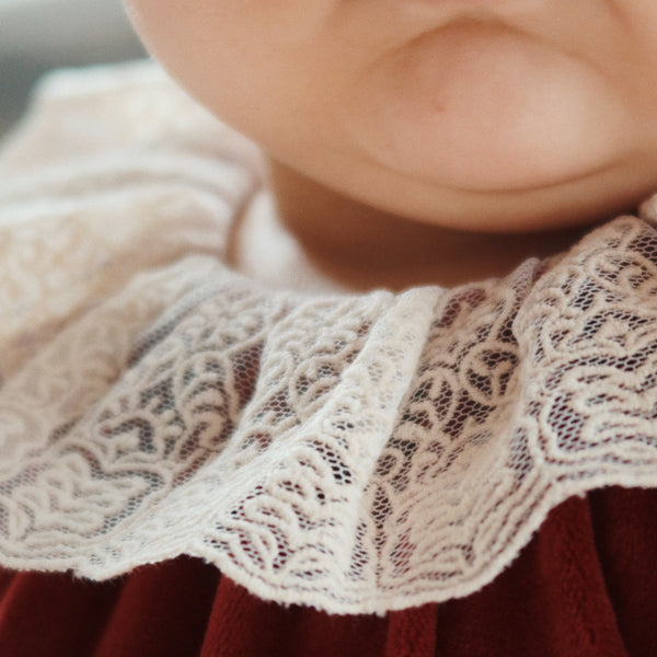 Venola Lace Collared Velvet Baby Romper (Red Dahlia)