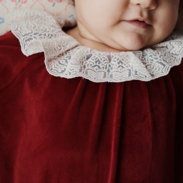 Venola Lace Collared Velvet Baby Romper (Red Dahlia)