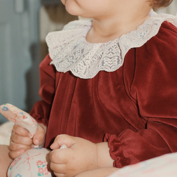 Venola Lace Collared Velvet Baby Romper (Red Dahlia)