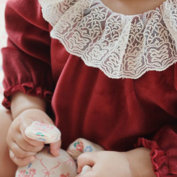 Venola Lace Collared Velvet Baby Romper (Red Dahlia)
